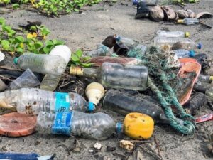 plastic bottles at the beach, plastic trash at the beach